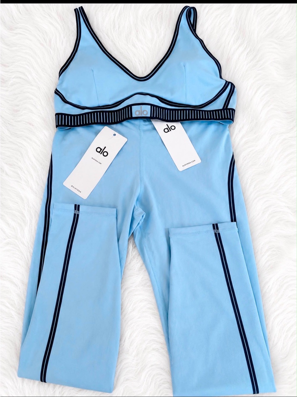 ALO Yoga Light Blue Off-the-Shoulder Sweater with Black Trim